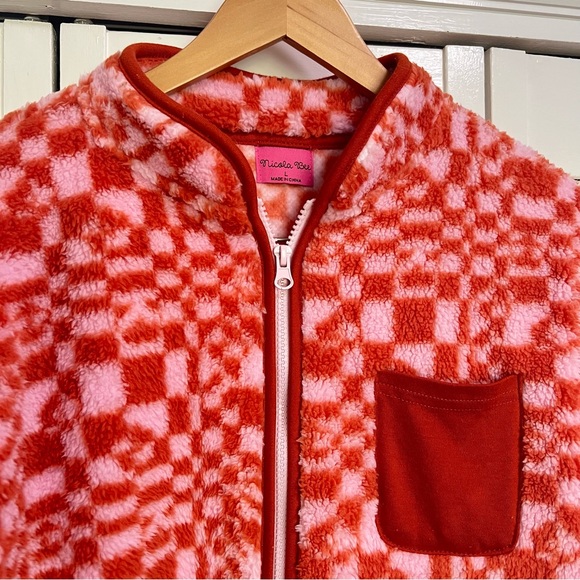 Nicola Bee Pink and Orange Checkerboard Zip front Fleece Jacket, Large - Picture 4 of 10